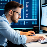 A professional male software developer in modest business casual attire, intently focused on a computer screen displaying abstract game development code and design schematics in a modern, well-lit studio office. He is sitting at a sleek desk, with one hand on a mouse, a thoughtful expression on his face, embodying the creative process. The scene is well-organized and contemporary. Fully clothed, appropriate attire, safe for work, perfect anatomy, correct proportions, natural pose, well-formed hands, proper finger count, professional photography, high quality, family-friendly.