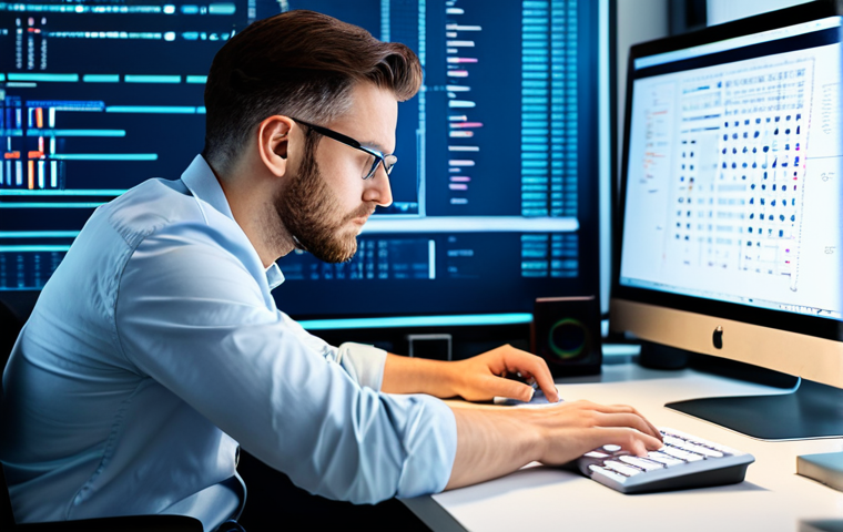 A professional male software developer in modest business casual attire, intently focused on a computer screen displaying abstract game development code and design schematics in a modern, well-lit studio office. He is sitting at a sleek desk, with one hand on a mouse, a thoughtful expression on his face, embodying the creative process. The scene is well-organized and contemporary. Fully clothed, appropriate attire, safe for work, perfect anatomy, correct proportions, natural pose, well-formed hands, proper finger count, professional photography, high quality, family-friendly.