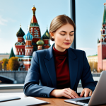 Home 6 로블록스 로벅스 충전 팁 - A professional woman in a stylish, modest business suit, working on a laptop in a modern Moscow offi...