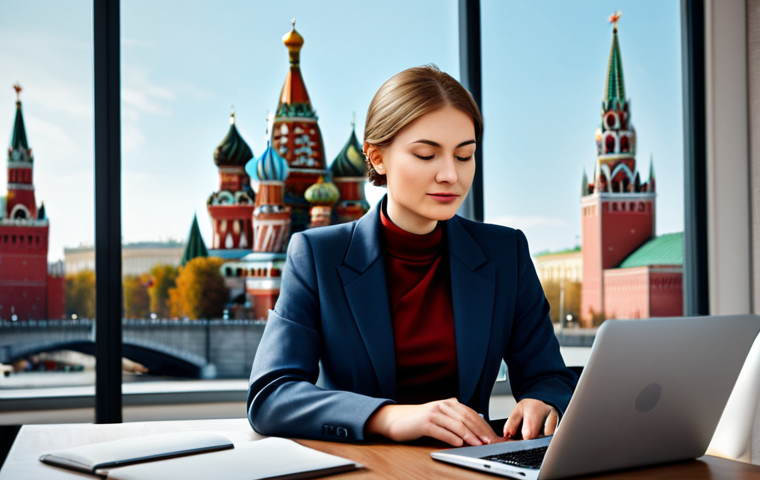 로블록스 로벅스 충전 팁 - A professional woman in a stylish, modest business suit, working on a laptop in a modern Moscow offi...