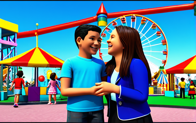 로블록스 테마파크 경영법 - **Image Prompt 1: Family Fun Zone:** "A vibrant, bustling Roblox theme park area designed for famili...