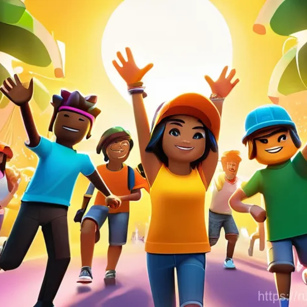 로블록스 로벅스 무료 이벤트 - A vibrant, dynamic illustration of diverse teenagers and young adults enthusiastically participating...