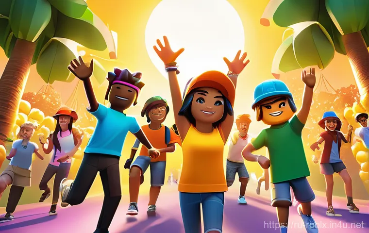 로블록스 로벅스 무료 이벤트 - A vibrant, dynamic illustration of diverse teenagers and young adults enthusiastically participating...