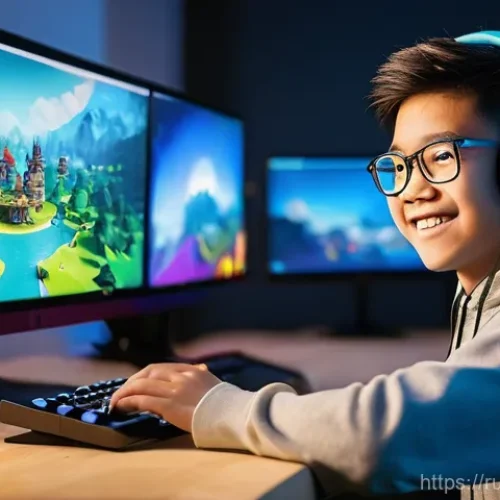 Home 14 로블록스 게임 제작 단계별 가이드 - **Prompt:** A vibrant, close-up shot of a young, enthusiastic game developer, possibly a teenager wi...