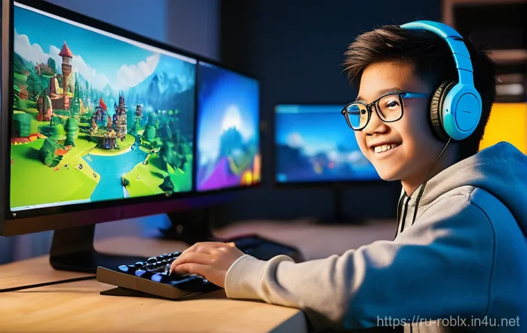 로블록스 게임 제작 단계별 가이드 - **Prompt:** A vibrant, close-up shot of a young, enthusiastic game developer, possibly a teenager wi...