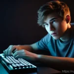 Home 7 로블록스 제재 사유 및 해결법 - **Prompt:** A close-up shot of a male teenager, with short, tousled brown hair, sitting in front of ...