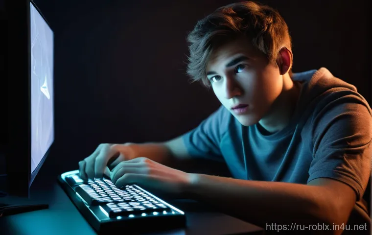 로블록스 제재 사유 및 해결법 - **Prompt:** A close-up shot of a male teenager, with short, tousled brown hair, sitting in front of ...